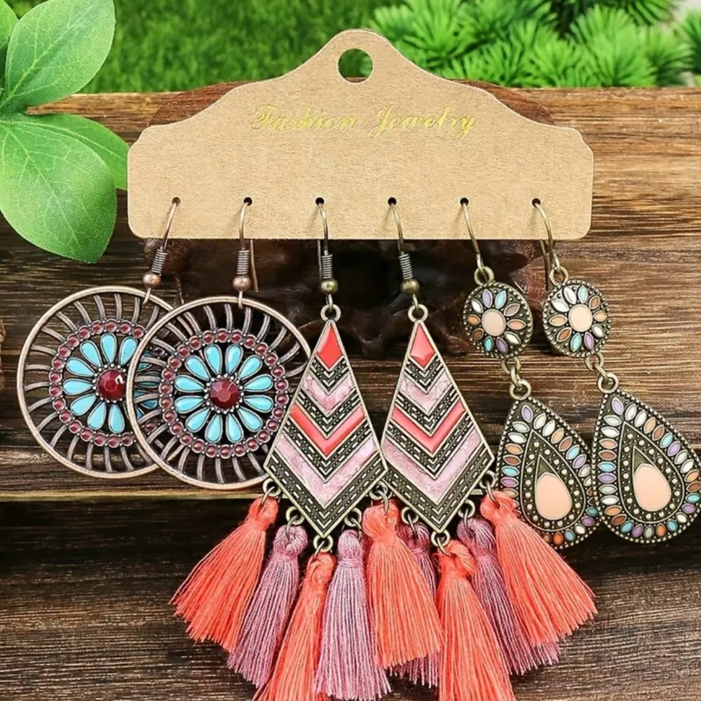 Set of 3 Dangle Earrings Boho Pendant Tassel Design Zinc Alloy #earrings